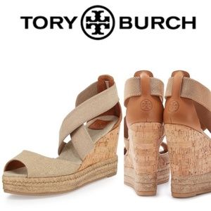 NEW! TORY BURCH Peep Toe Cork Wedge Espadrille - 8